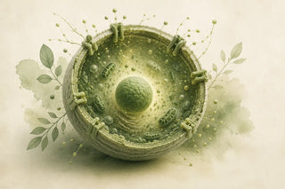 Botanical illustration of a cell in protective survival mode surrounded by recovery pathways, representing the Cell Danger Response in chronic illness