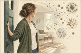 Illustration of a woman at her open front door looking back into her living room while airborne particles drift indoors, with magnified circles showing mold spores, pollen, and dust, representing feeling sick in your house but better when you leave