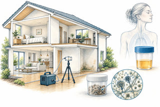 Cutaway illustration of a home showing air sampling equipment, a dust sample jar, mold spores under magnification, and a urine mycotoxin test