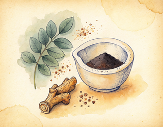 Vintage botanical illustration of natural detox binder ingredients — sage leaves, mineral powder in a mortar, and a piece of dried root — in an apothecary still life composition