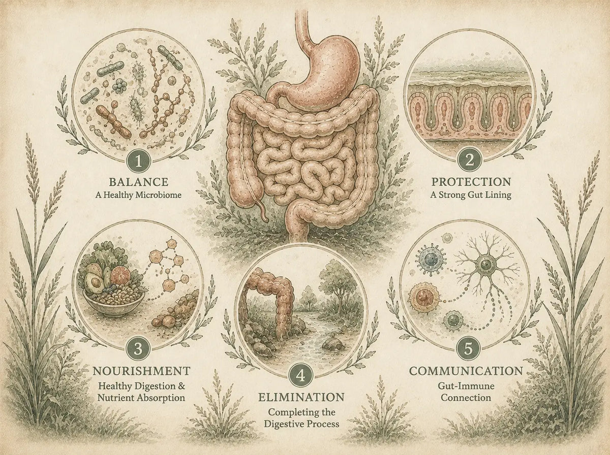 Botanical illustration of the five foundations of gut health: balance, protection, nourishment, elimination, and communication