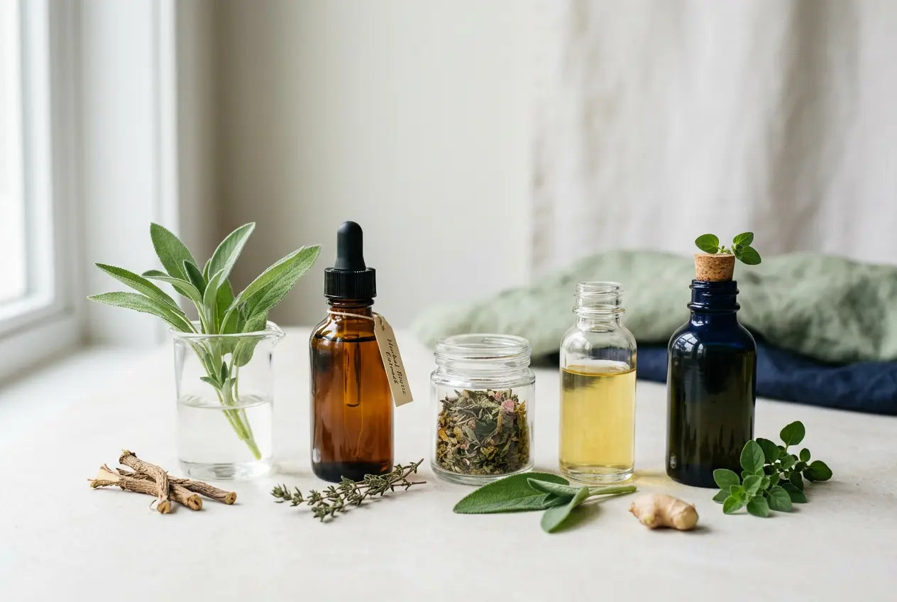 Botanical extracts and green leaves in glass vessels, representing broad-spectrum botanical microbial support without probiotics