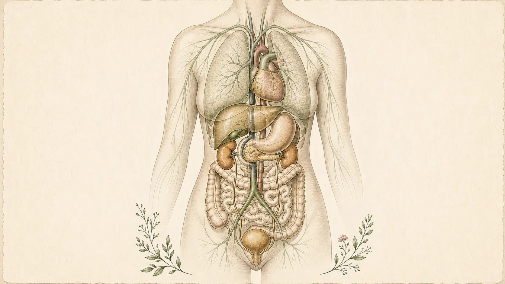 Illustrated anatomical plate showing the body's elimination pathway through the liver, kidneys, lymphatic system, and digestive tract