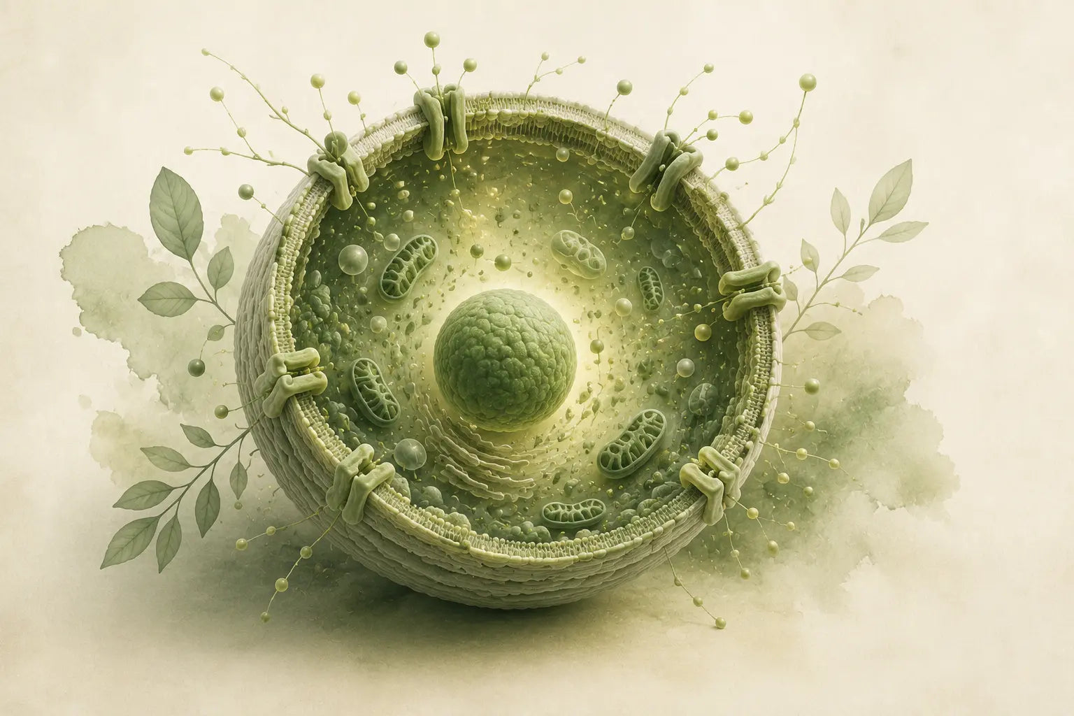 Botanical illustration of a cell in protective survival mode surrounded by recovery pathways, representing the Cell Danger Response in chronic illness