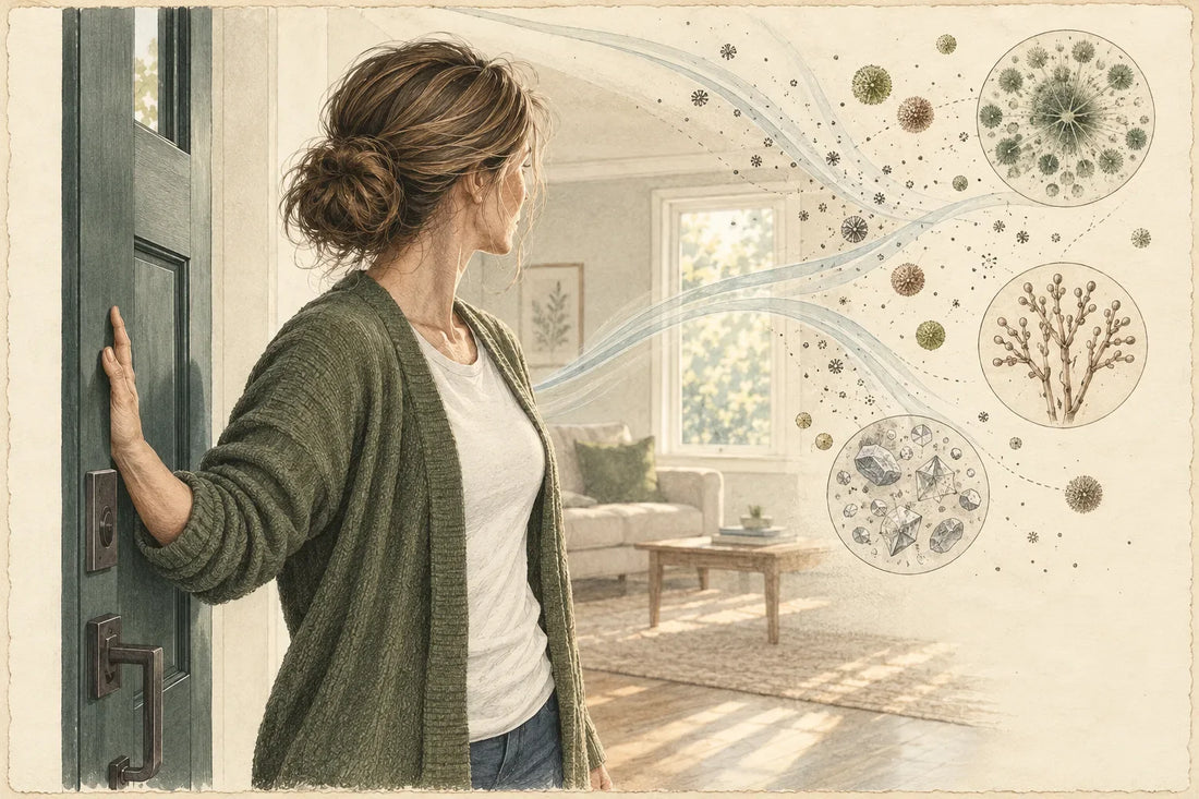 Illustration of a woman at her open front door looking back into her living room while airborne particles drift indoors, with magnified circles showing mold spores, pollen, and dust, representing feeling sick in your house but better when you leave