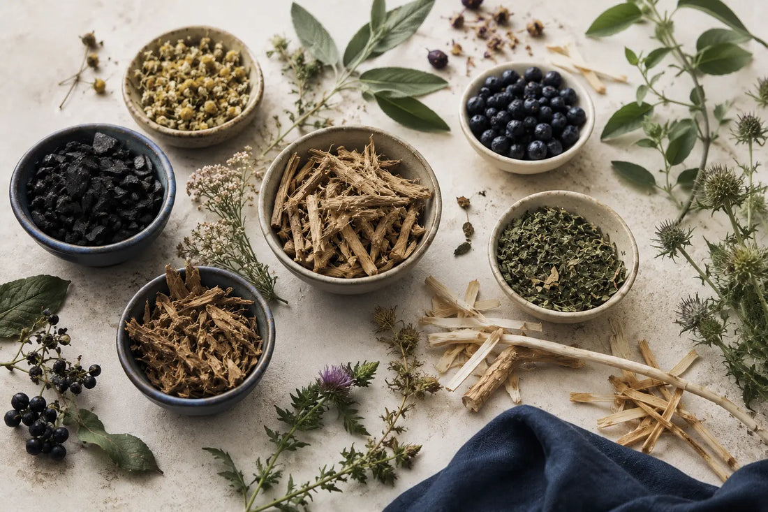 Herbal antimicrobials series cover: botanical roots and herbs representing natural microbial and immune support