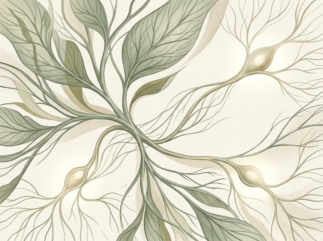 Botanical illustration of brain, mitochondrial, and nervous system recovery pathways during long-term Lyme Disease healing