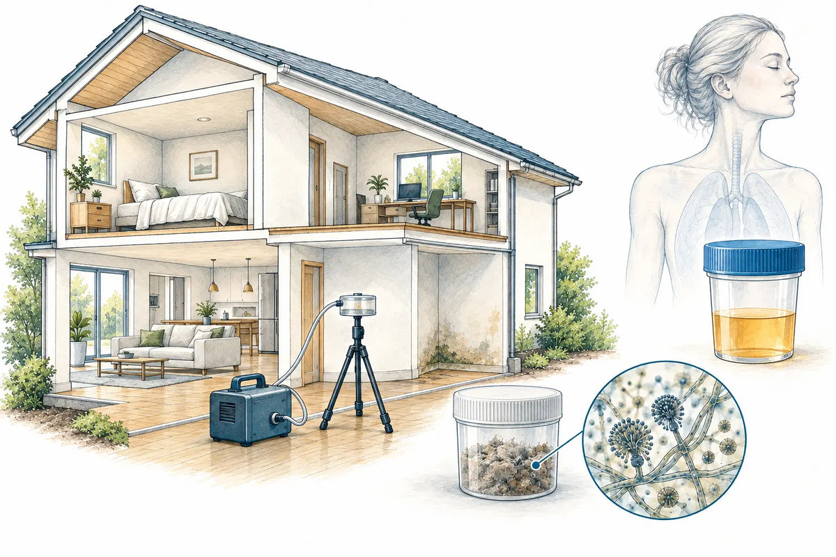 Cutaway illustration of a home showing air sampling equipment, a dust sample jar, mold spores under magnification, and a urine mycotoxin test