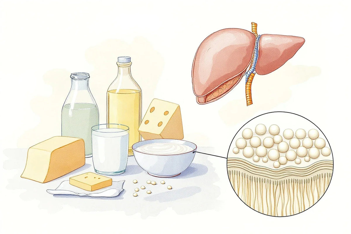 Watercolor illustration of butter, cheese, milk and a bottle of oil beside an anatomical liver and a magnified view of a cell membrane
