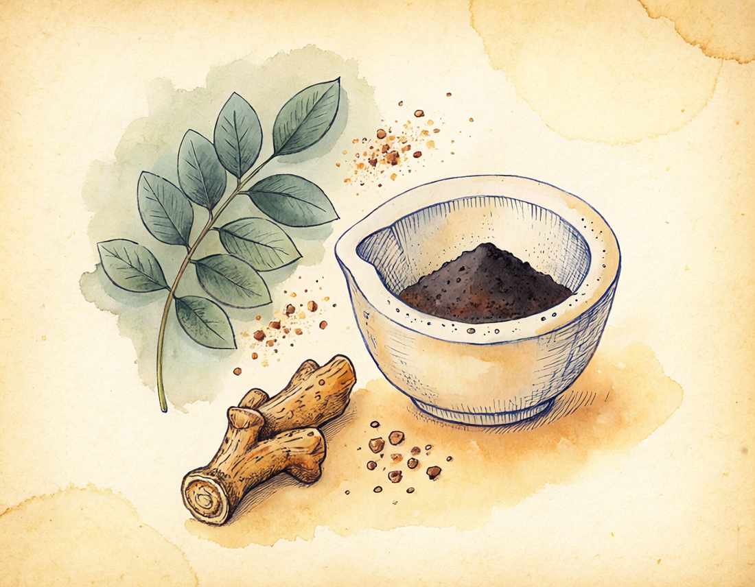 Vintage botanical illustration of natural detox binder ingredients — sage leaves, mineral powder in a mortar, and a piece of dried root — in an apothecary still life composition