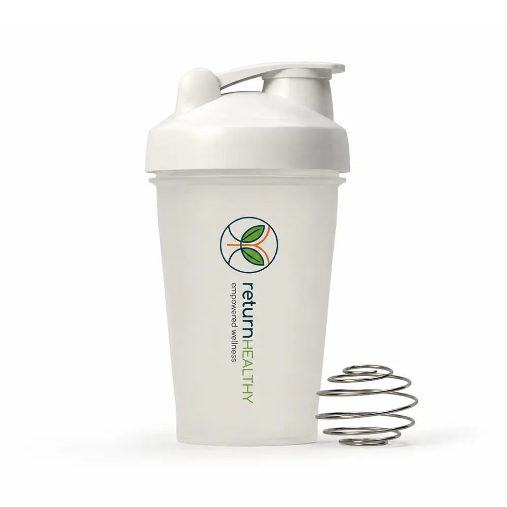 Return Healthy branded shaker bottle included for mixing powdered supplements.