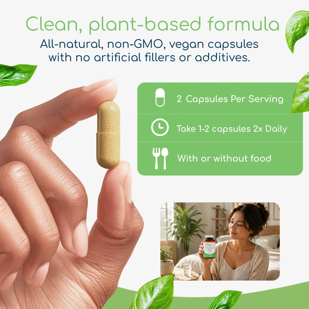 Return Healthy Bio-Assist directions for use and supplement facts panel showing recommended dosage and ingredients
