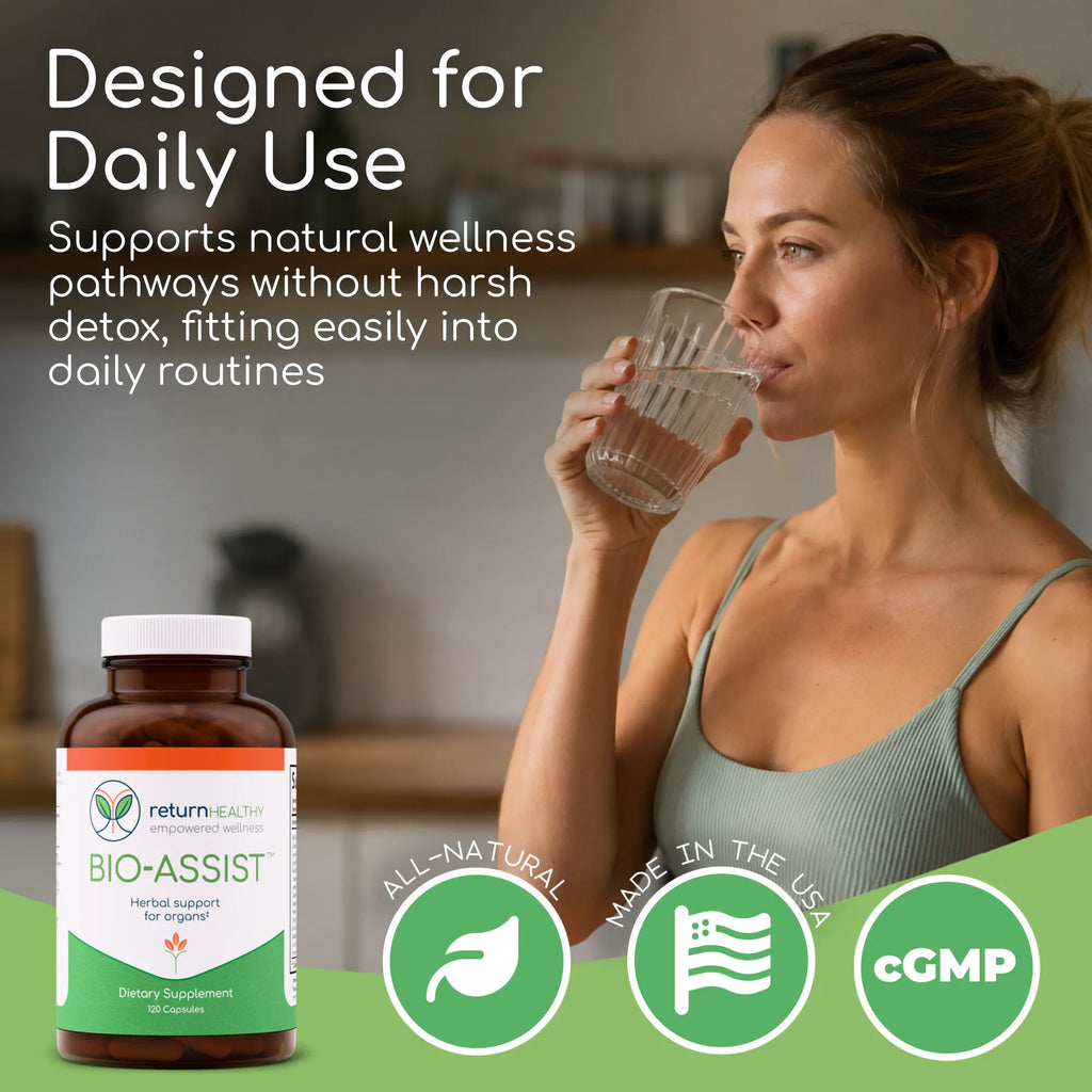 Return Healthy Bio-Assist lifestyle product photo with botanical accents