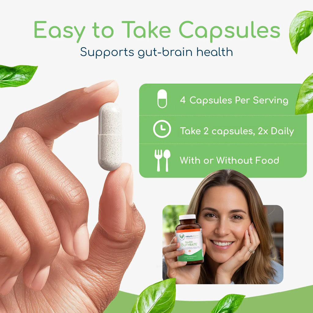 Double Butyrate infographic showing how its two forms of butyrate support gut lining and microbiome balance.