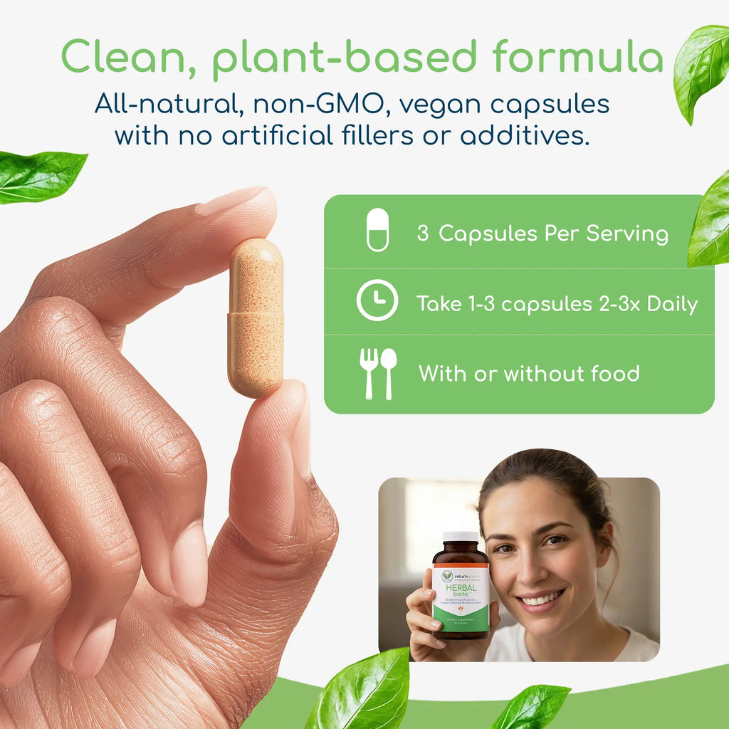 Herbal Biotic infographic showing how its botanicals support microbial balance and immune steadiness.