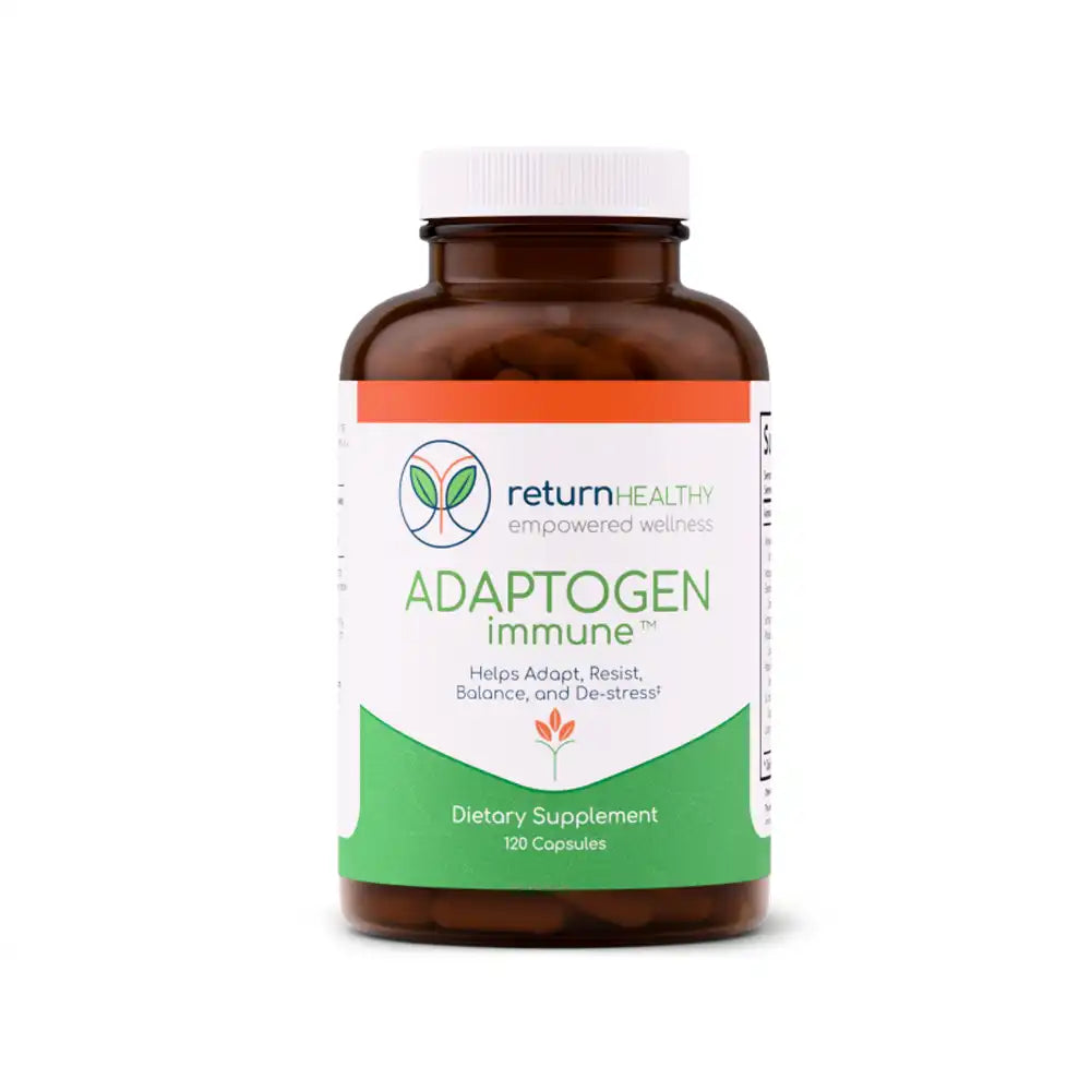 Return Healthy Adaptogen Immune supplement bottle, an herbal blend for stress adaptation and immune balance.