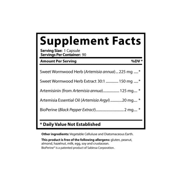 Artemisia Trinity supplement facts panel showing serving size, servings per container, and ingredient amounts per serving.