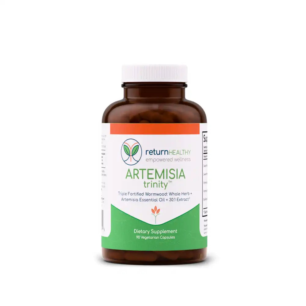 Return Healthy Artemisia Trinity supplement bottle, a triple Artemisia formula for microbial and digestive support.