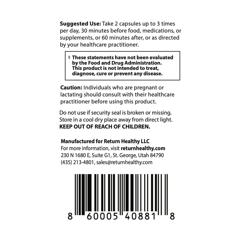 Binder Blend directions panel showing suggested use and serving size for the detox binder supplement.
