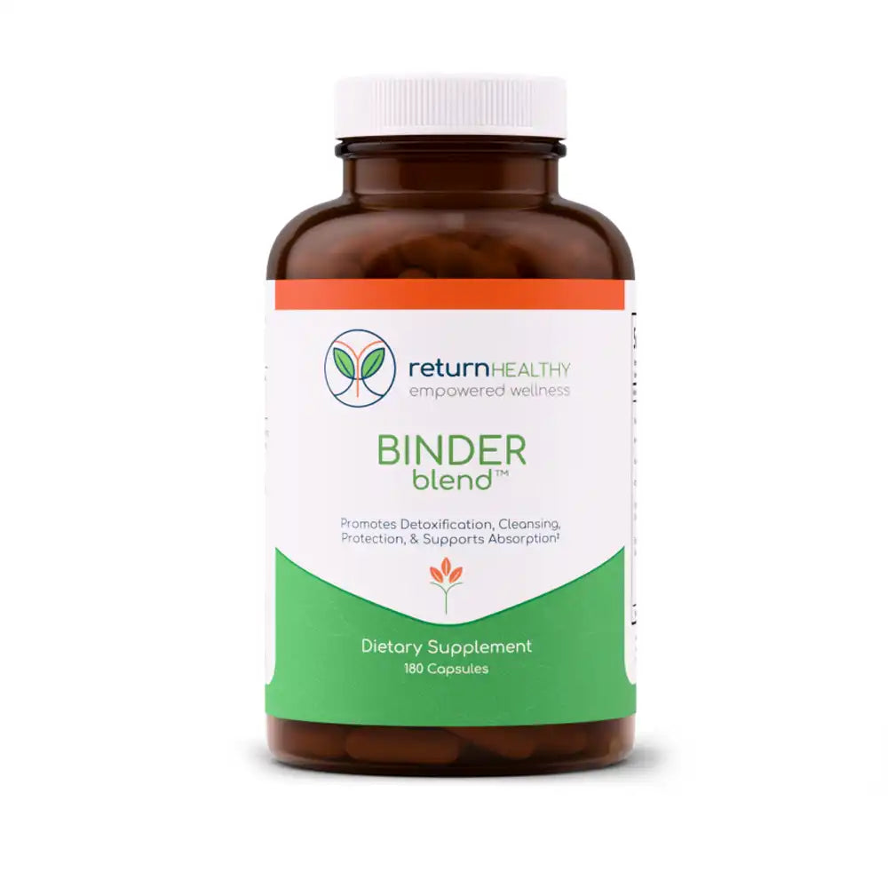 Return Healthy Binder Blend supplement bottle, a detox binder for binding unwanted compounds and elimination.