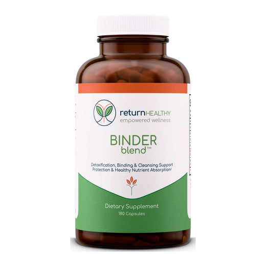 Return Healthy Binder Blend supplement bottle, a detox binder for binding unwanted compounds and elimination.