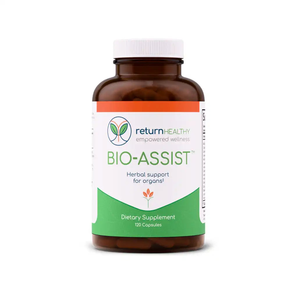 Return Healthy Bio-Assist supplement bottle, a formula supporting liver, bile, kidney, and lymph detox pathways.