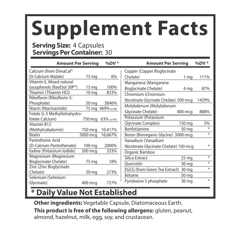 Cell Nutrients supplement facts panel showing serving size, servings per container, and ingredient amounts per serving.