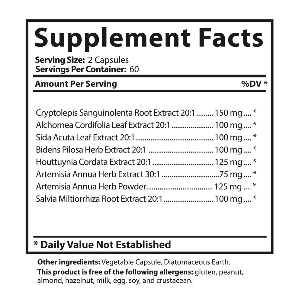 Cryptolepis Concentrate supplement facts panel showing serving size, servings per container, and ingredient amounts per serving.