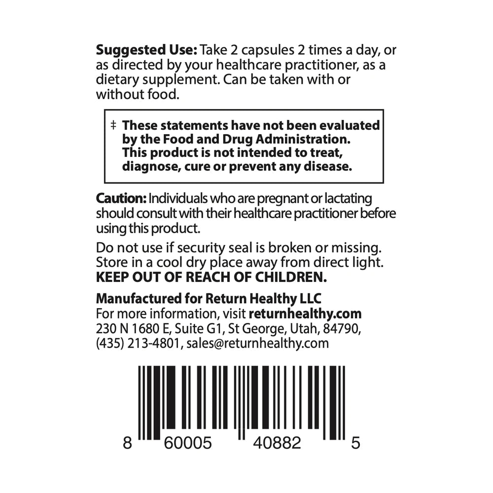 Cryptolepis Synergy directions panel showing suggested use and serving size for the whole-herb microbial and immune support supplement.