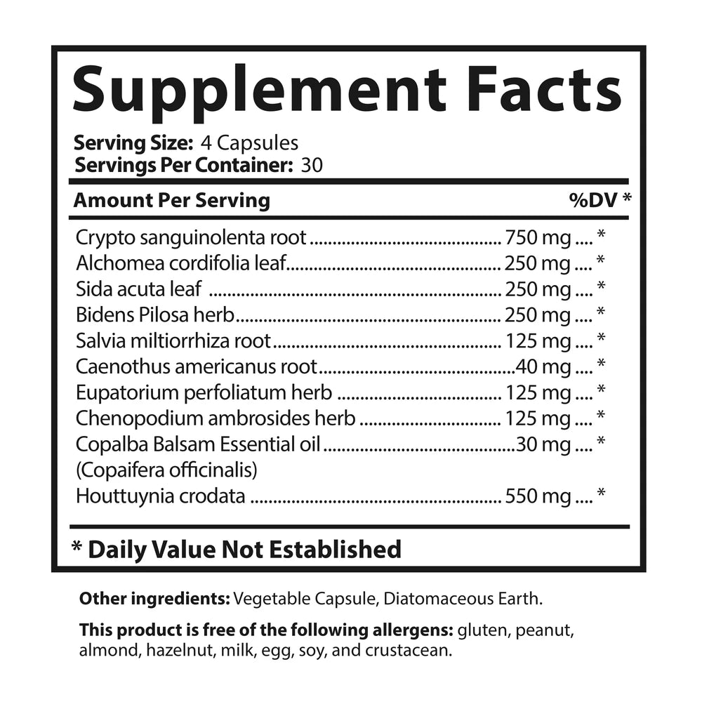 Cryptolepis Synergy supplement facts panel showing serving size, servings per container, and ingredient amounts per serving.