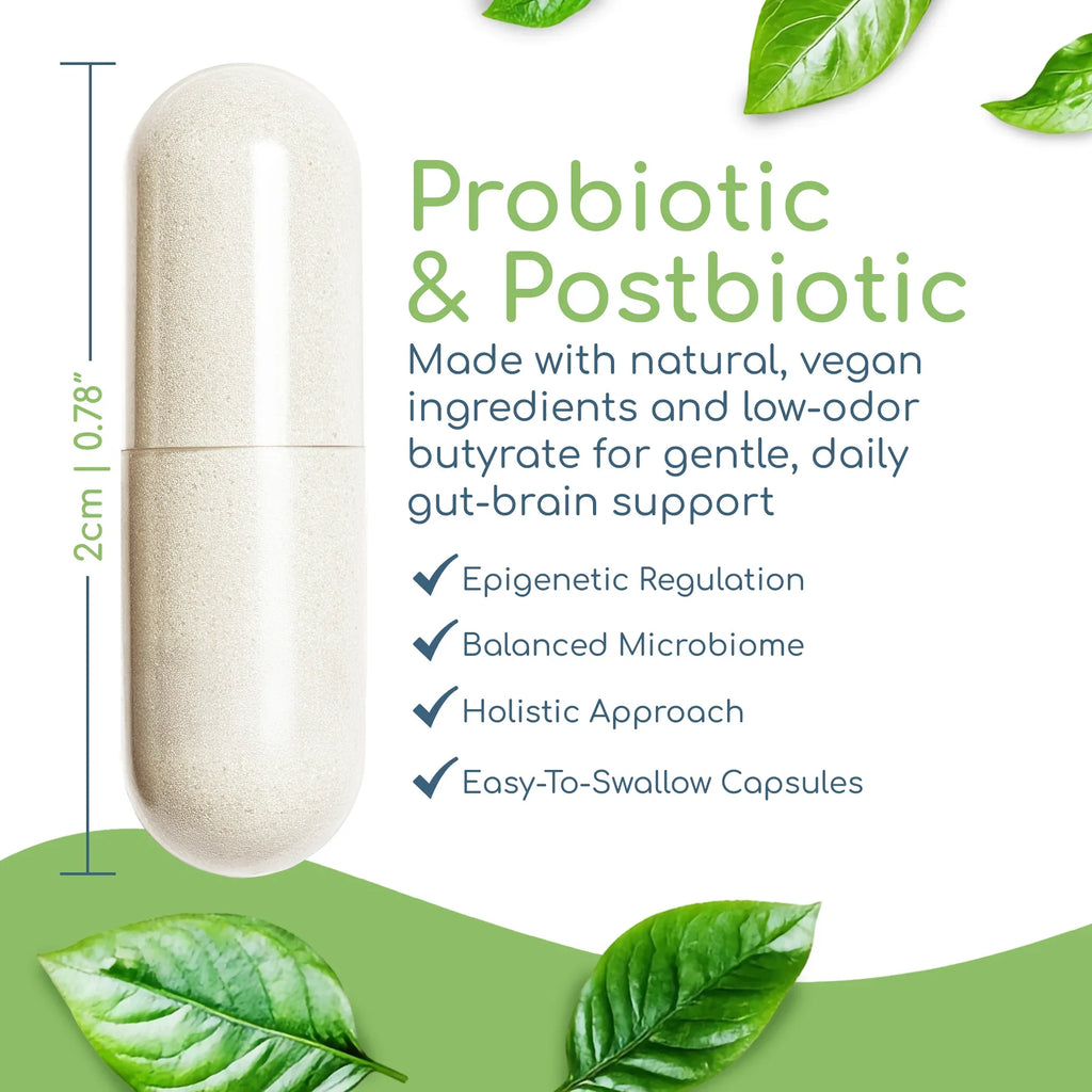 Double Butyrate capsule showing size with gut lining, digestive balance, and microbiome resilience benefits