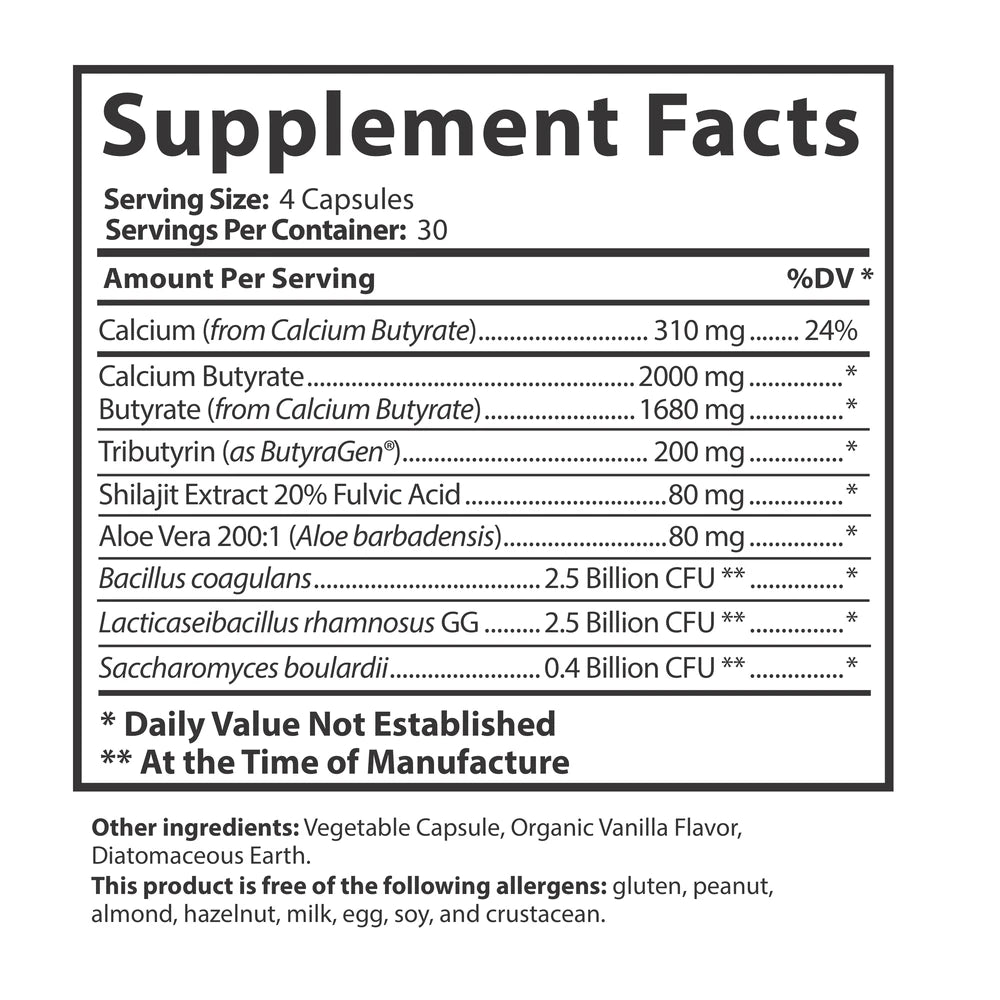 Double Butyrate supplement facts panel showing serving size, servings per container, and ingredient amounts per serving.