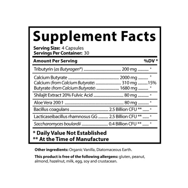 Double Butyrate supplement facts panel showing serving size, servings per container, and ingredient amounts per serving.