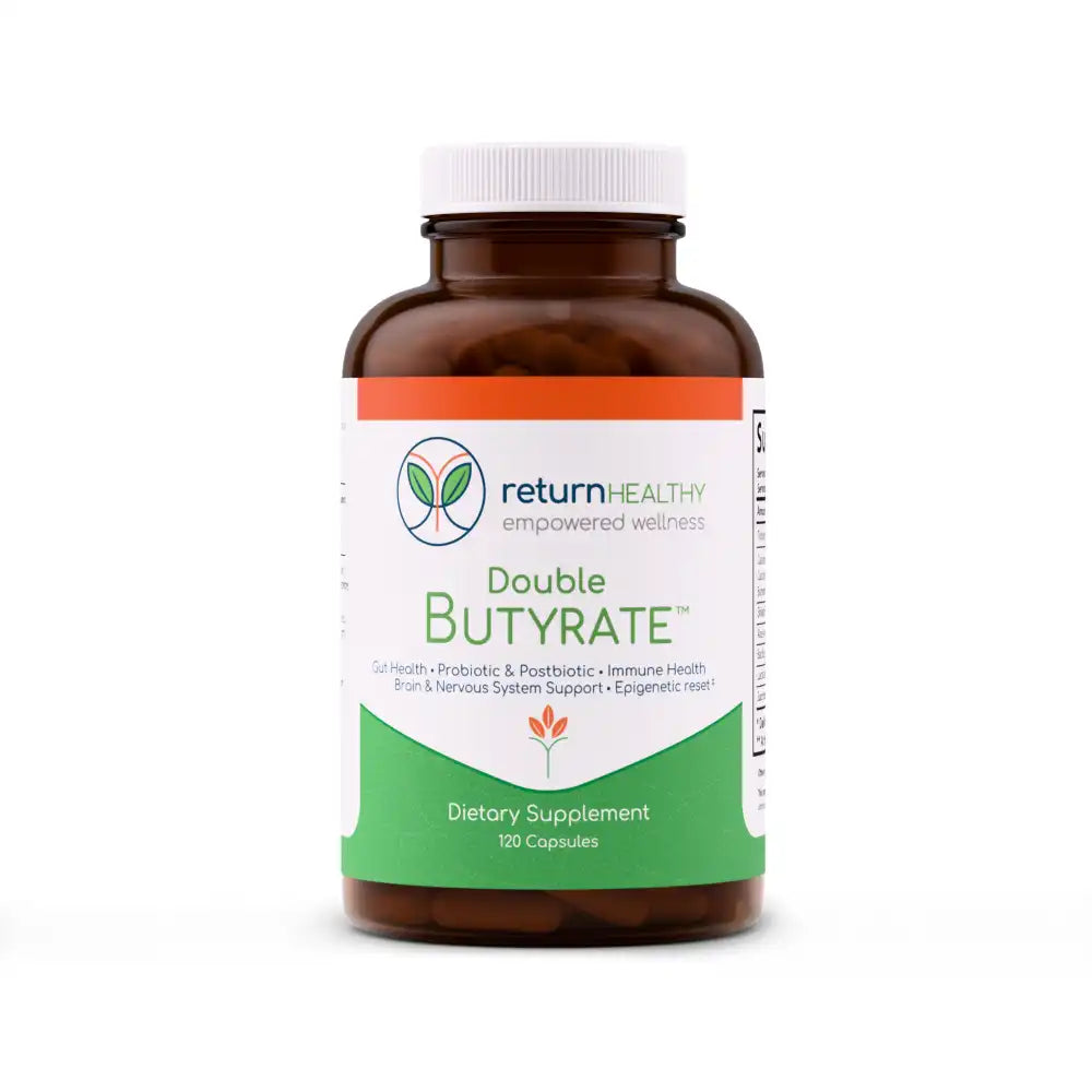 Return Healthy Double Butyrate supplement bottle, a two-form butyrate formula for gut lining and digestive support.