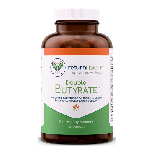 Return Healthy Double Butyrate supplement bottle, a two-form butyrate formula for gut lining and digestive support.