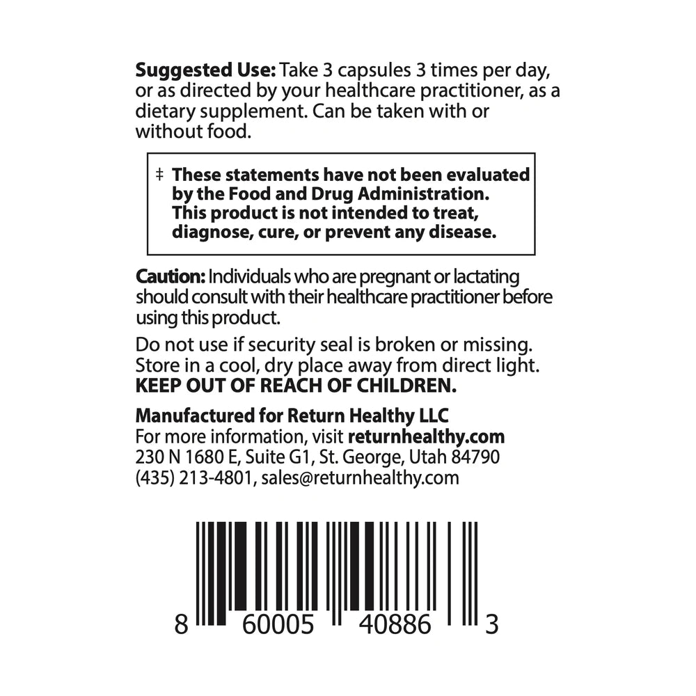 Foundation Formula directions panel showing suggested use and serving size for the daily stress, immune, and detox support supplement.