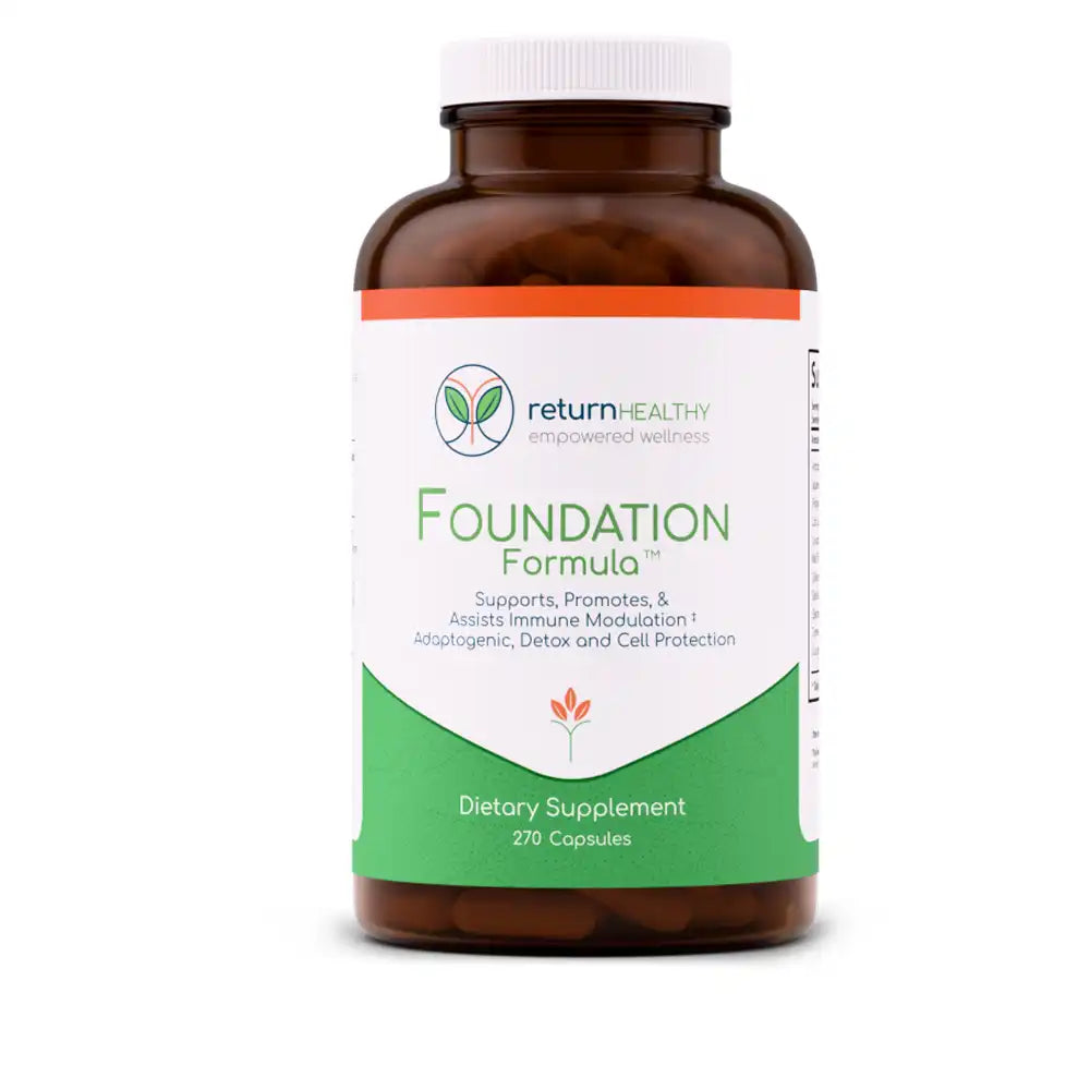 Return Healthy Foundation Formula supplement bottle, a daily blend for stress, immune, and detox support.