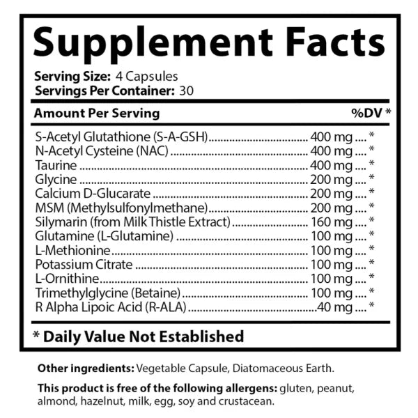 Glutathione Symmetry supplement facts panel showing serving size, servings per container, and ingredient amounts per serving.