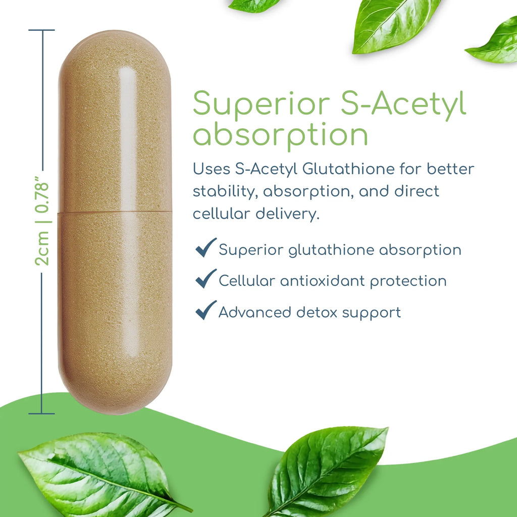 Glutathione Symmetry capsule showing size with cellular antioxidant and detox pathway support benefits