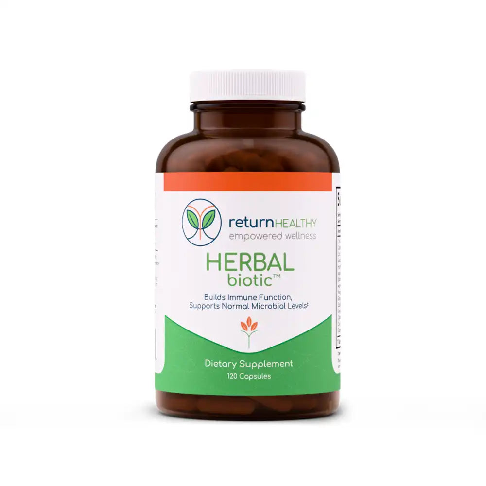 Return Healthy Herbal Biotic supplement bottle, a botanical blend for microbial balance and immune support.