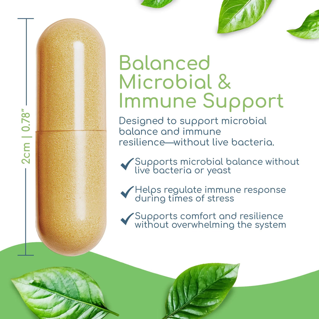 Herbal Biotic capsule showing size with microbial balance and immune defense support benefits