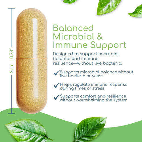 Herbal Biotic capsule showing size with microbial balance and immune defense support benefits