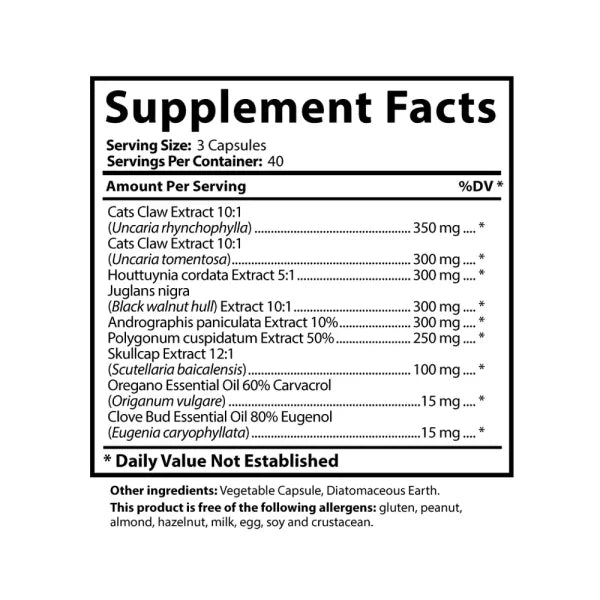 Herbal Biotic supplement facts panel showing serving size, servings per container, and ingredient amounts per serving.
