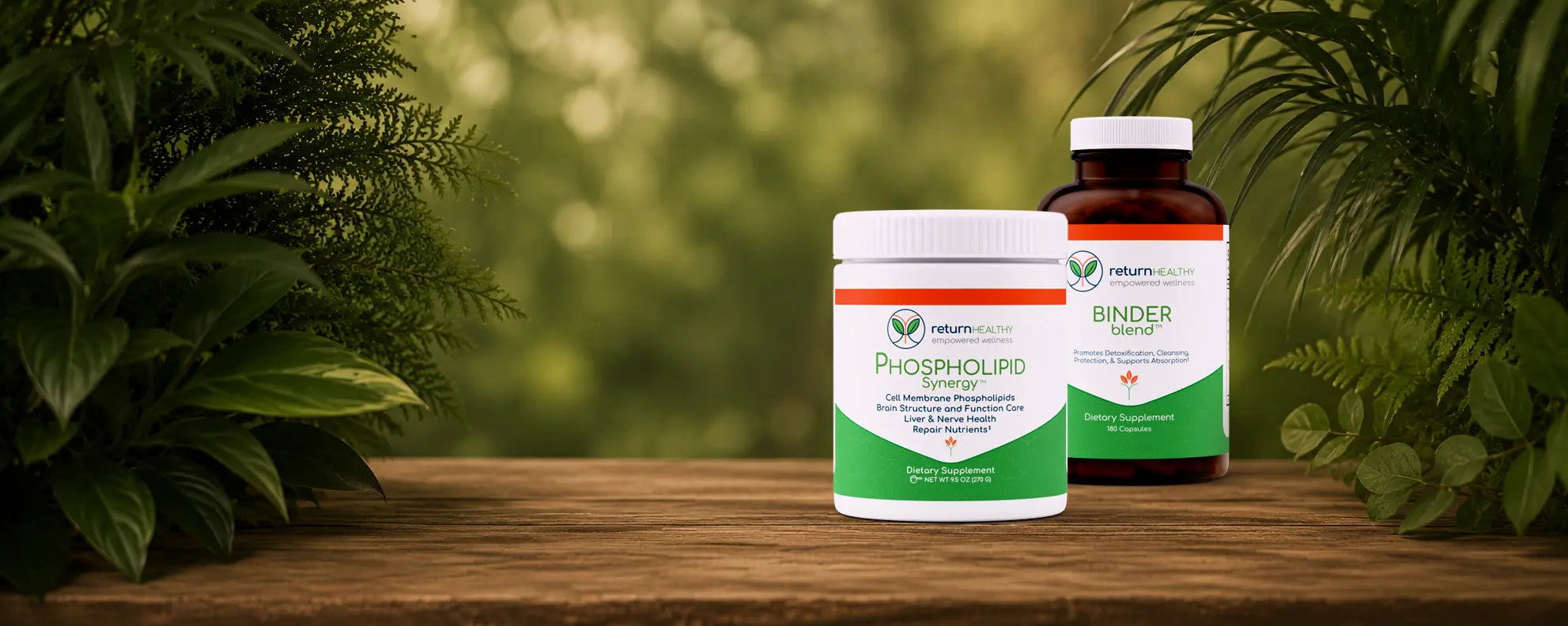 Return Healthy wellness supplements supporting detoxification, gut health, cellular function, and whole-body wellness in a natural botanical setting.