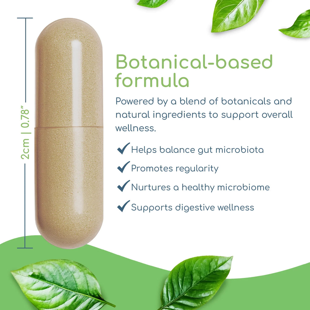 Microbiome Balance capsule showing size with gut microbiome, digestive balance, and elimination support benefits