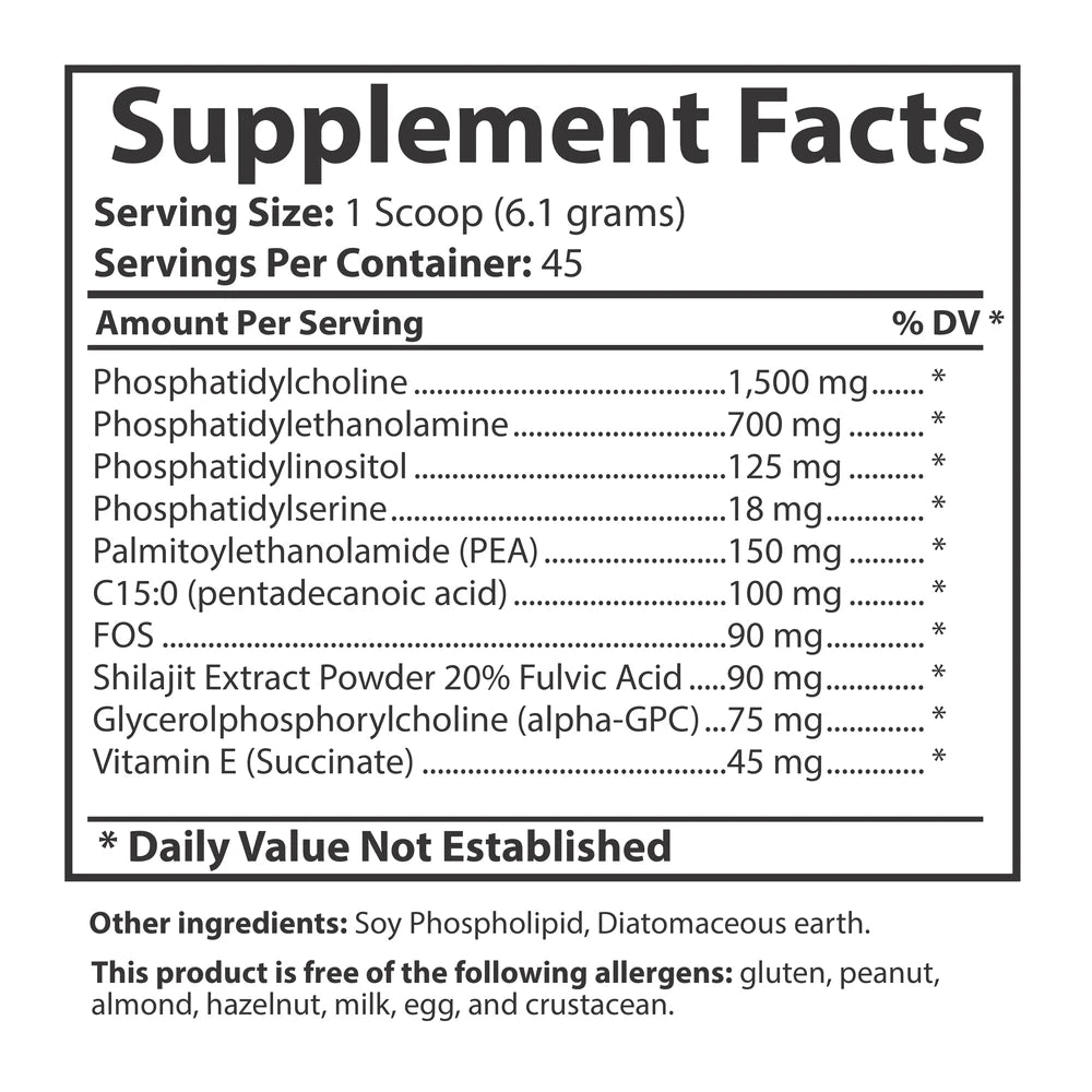 Phospholipid Synergy supplement facts panel showing ingredients, amounts, and serving size.