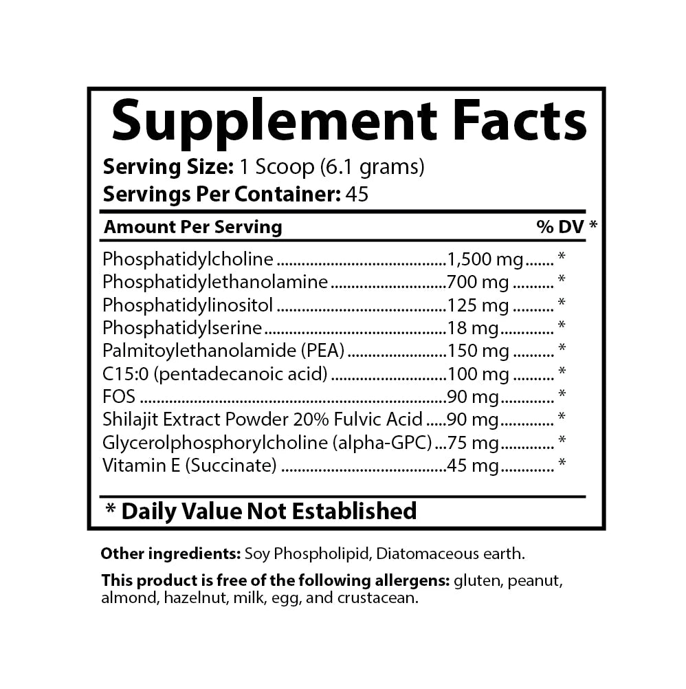 Phospholipid Synergy supplement facts panel showing ingredients, amounts, and serving size.