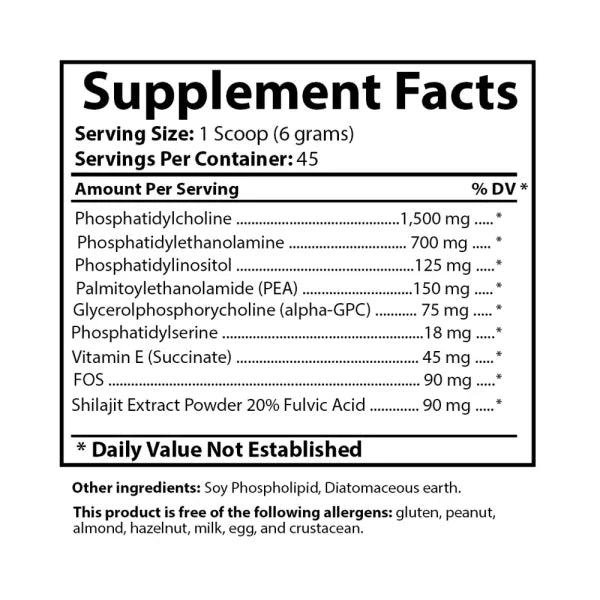 Phospholipid Synergy supplement facts panel showing serving size, servings per container, and ingredient amounts per serving.